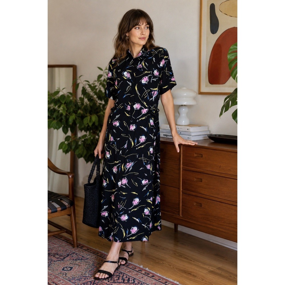 Bimba Y Lola Dress S Abstract Floral Midi‎ Black Pink Artsy Belted